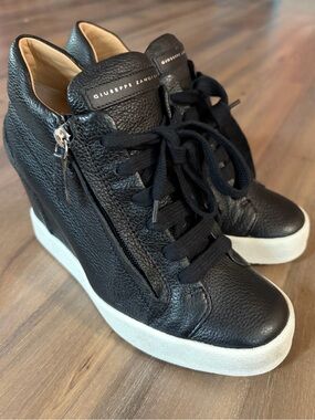 Giuseppe Zanotti Black Leather Wedge HighTop Sneakers White Sole Zip Italy 39.5